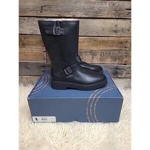 NEW Dr Scholls Mid Biker VIP Moto Buckle Boot Womens 7.5 Black Zip Lug Sole